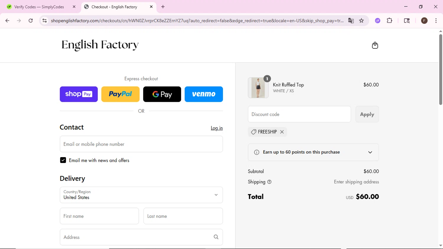 English Factory coupon code screenshot showing code FREESHIP applied at English Factory checkout page. Uploaded by SimplyCodes community member BargainShopper1802 on Jul 13, 2025