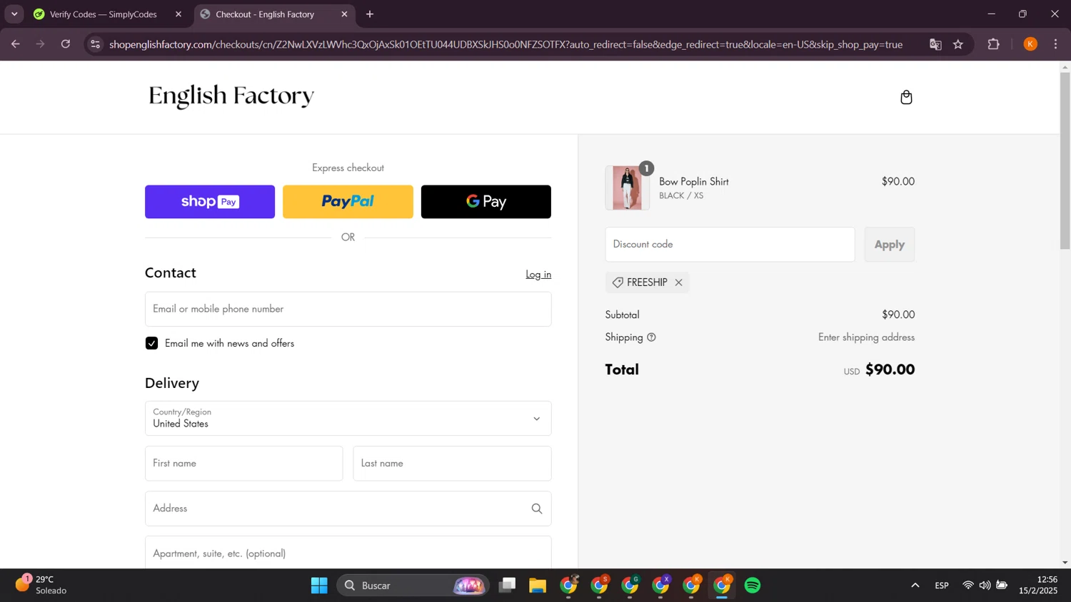 English Factory coupon code screenshot showing code FREESHIP applied at English Factory checkout page. Uploaded by SimplyCodes community member davidsalazar on Feb 15, 2025