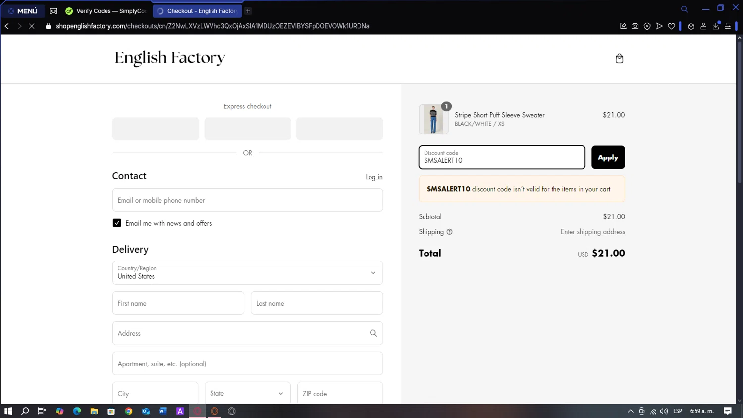 English Factory coupon code screenshot showing code SMSALERT10 applied at English Factory checkout page. Uploaded by SimplyCodes community member BATMANJA on Mar 12, 2025