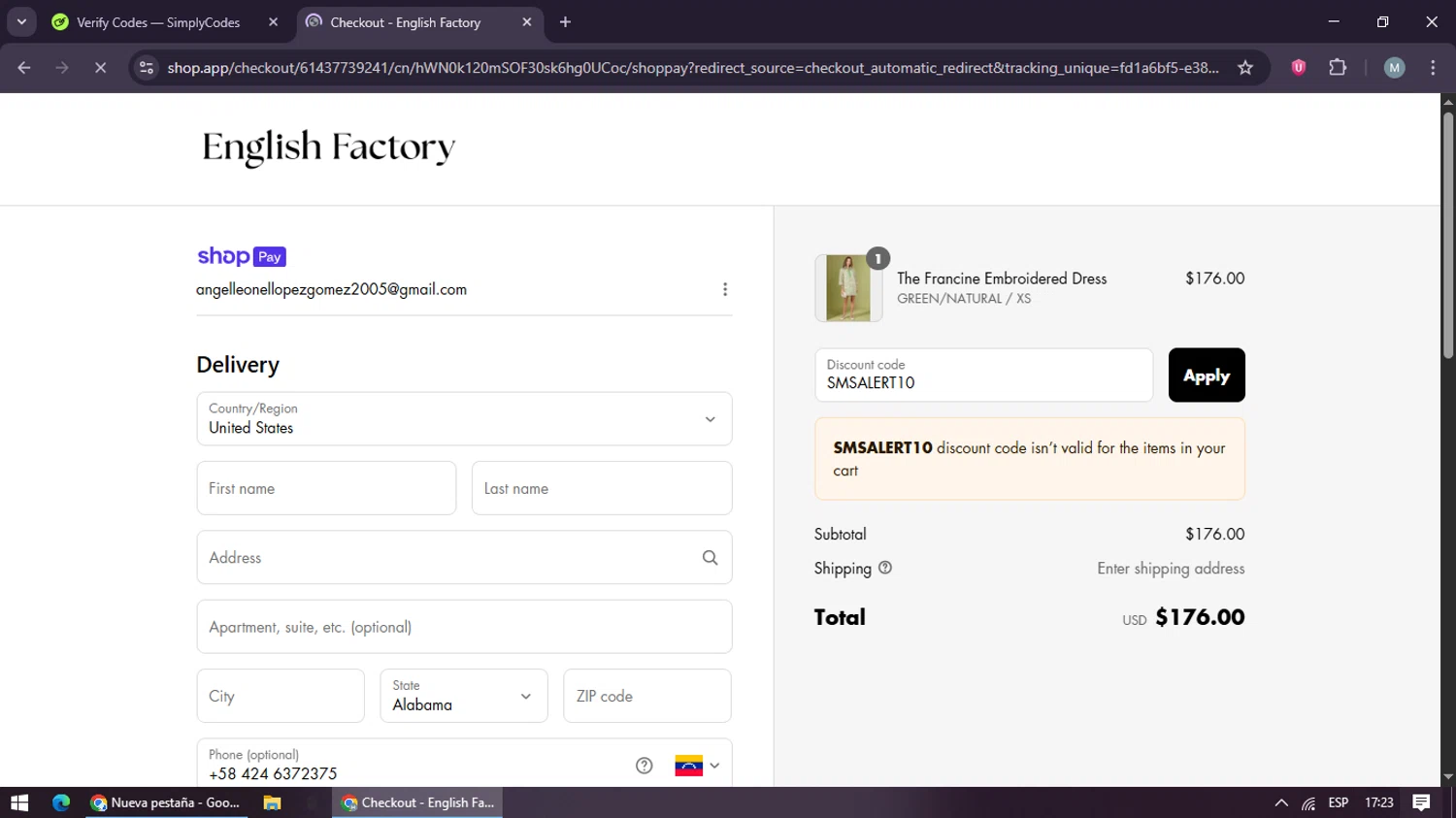 English Factory coupon code screenshot showing code SMSALERT10 applied at English Factory checkout page. Uploaded by SimplyCodes community member maraxo on Jul 17, 2025