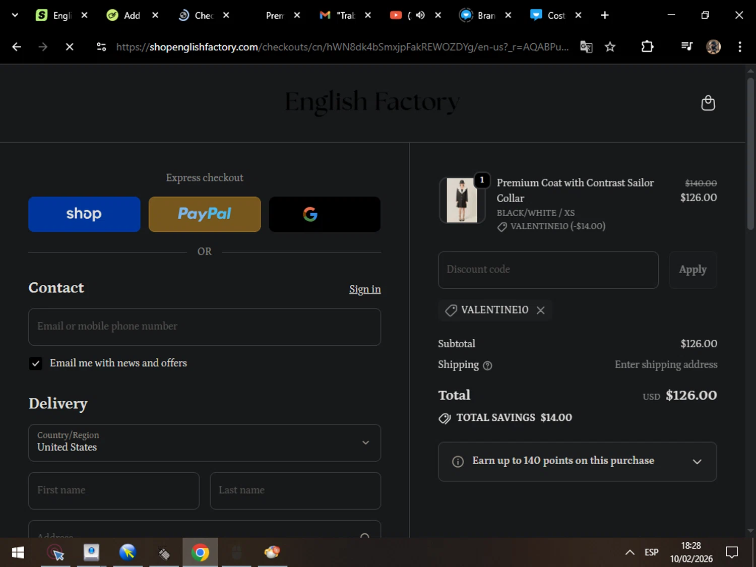 English Factory coupon code screenshot showing code VALENTINE10 applied at English Factory checkout page. Uploaded by SimplyCodes community member MarcosAranguren on Feb 10, 2026