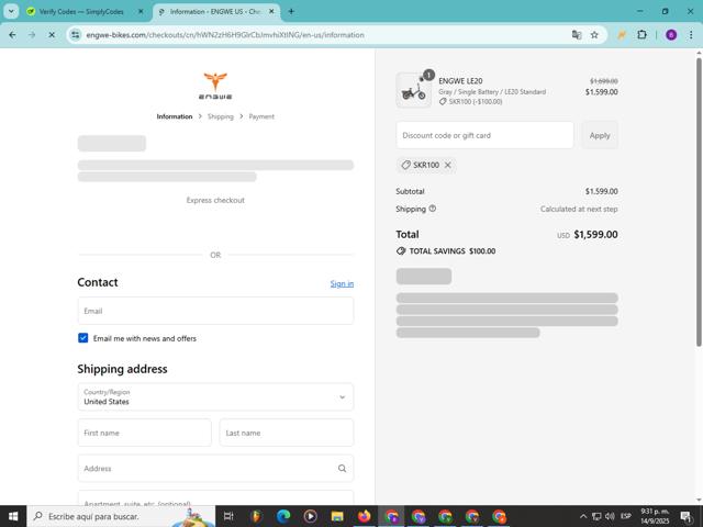 Engwe checkout page showing Engwe discount code box | Screenshot taken by SimplyCodes community member on Sep 15, 2025