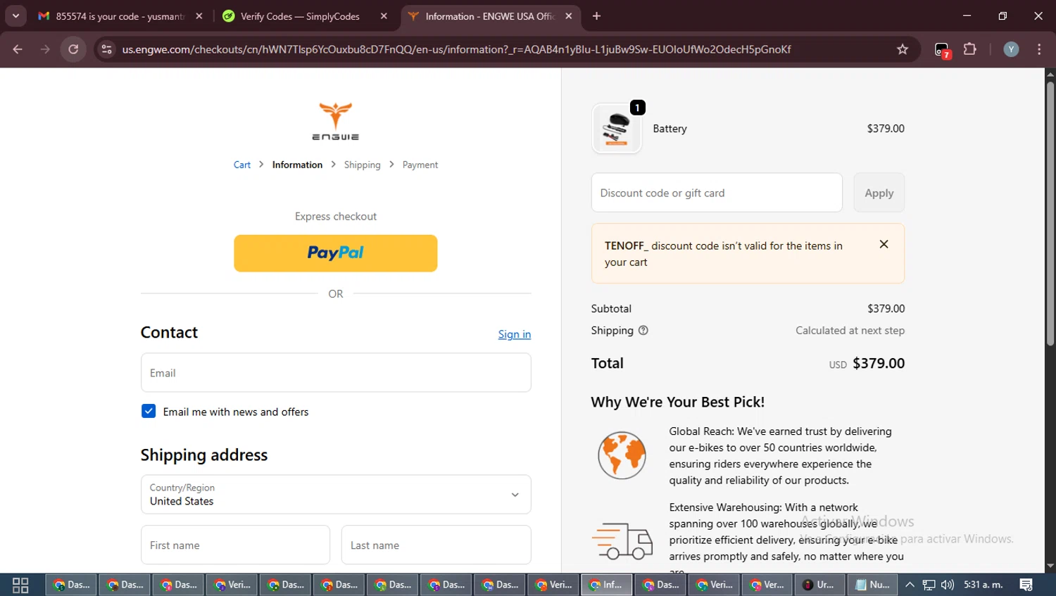 Engwe promo code screenshot showing code TENOFF_ applied at Engwe checkout page. Uploaded by SimplyCodes community member MoneyTiger5162 on Jan 11, 2026