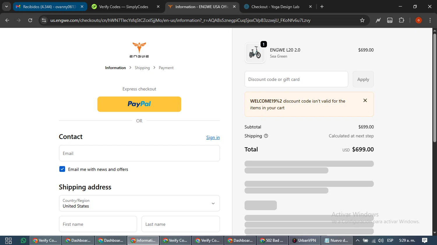 Engwe promo code screenshot showing code WELCOME19%2 applied at Engwe checkout page. Uploaded by SimplyCodes community member WiseTracker2171 on Jan 11, 2026