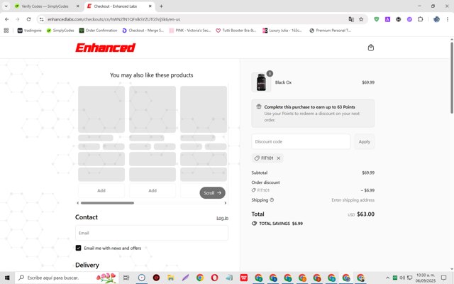 Enhanced Labs checkout page showing Enhanced Labs discount code box | Screenshot taken by SimplyCodes community member on Sep 6, 2025