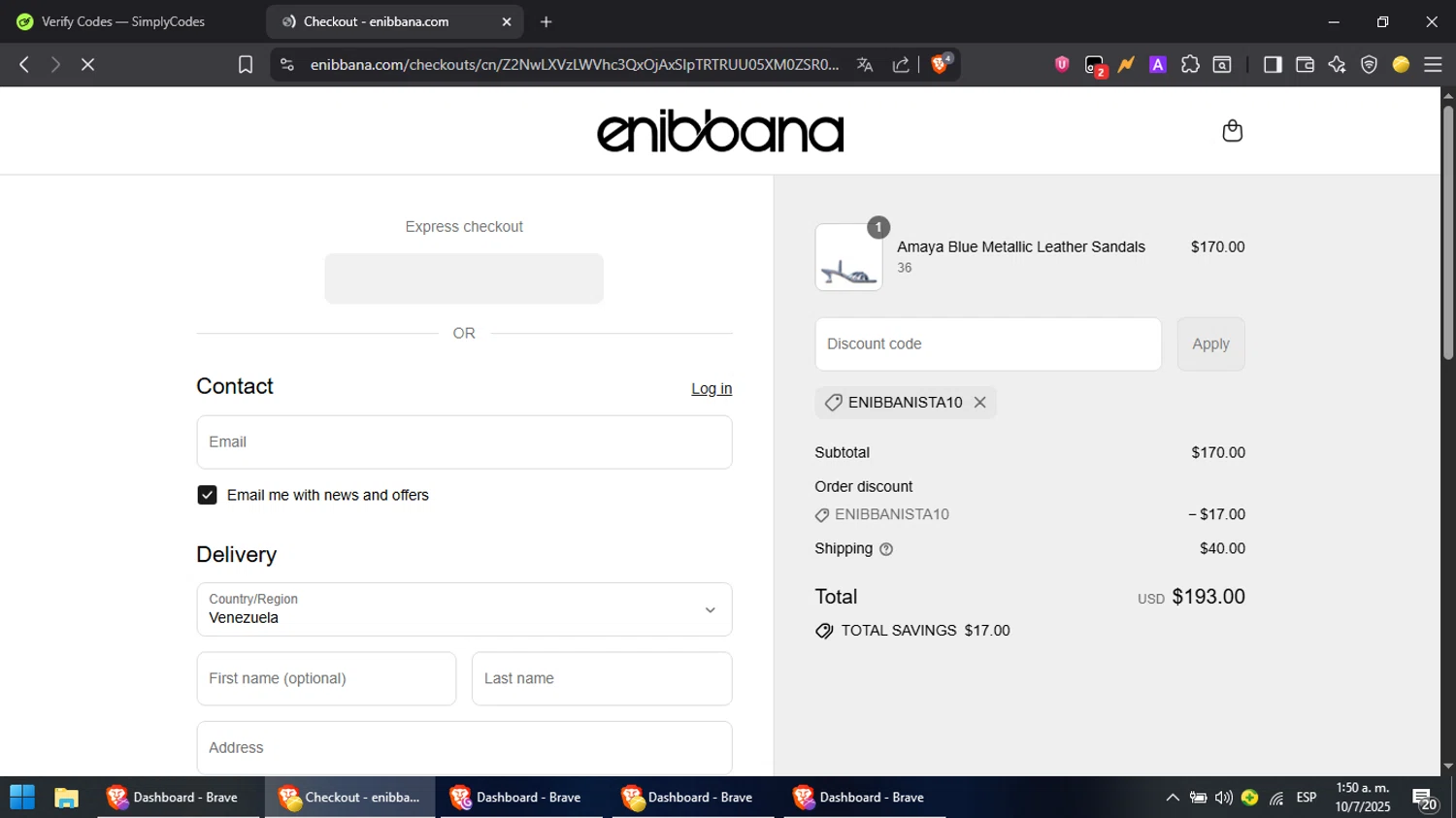 Enibbana discount code screenshot showing code ENIBBANISTA10 applied at Enibbana checkout page. Uploaded by SimplyCodes community member MoneyPilot9165 on Jul 10, 2025