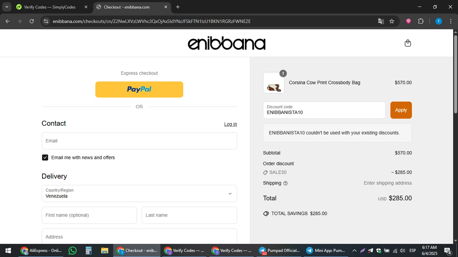 Enibbana discount code screenshot showing code ENIBBANISTA10 applied at Enibbana checkout page. Uploaded by SimplyCodes community member hankt1521 on Jun 4, 2025