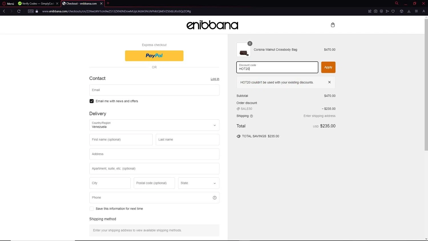 Enibbana discount code screenshot showing code HOT20 applied at Enibbana checkout page. Uploaded by SimplyCodes community member DEMON9 on Feb 2, 2025
