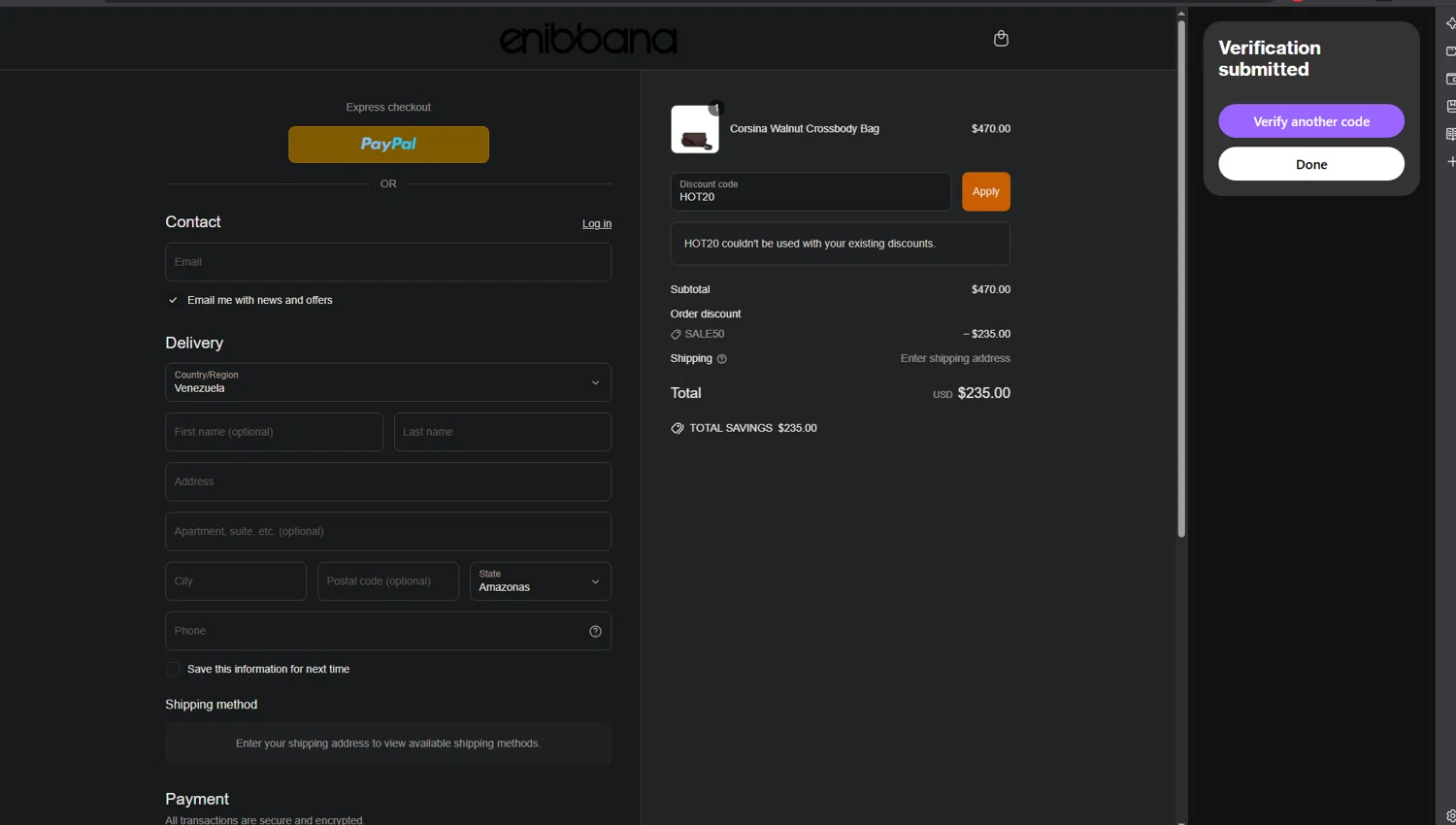 Enibbana discount code screenshot showing code HOT20 applied at Enibbana checkout page. Uploaded by SimplyCodes community member POWERRANGERRED on May 5, 2025