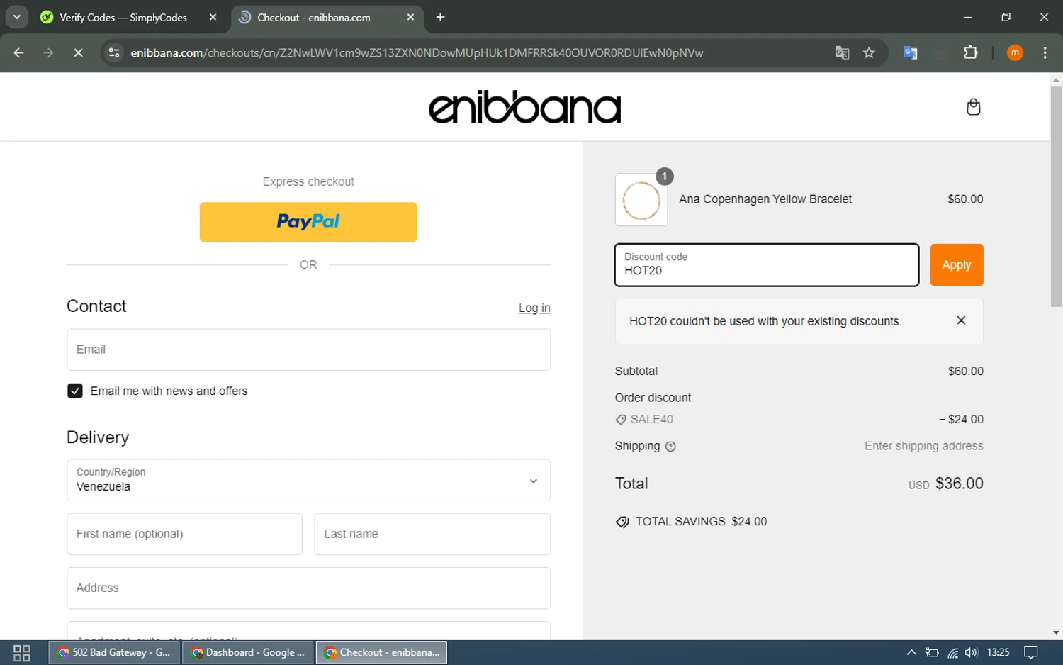 Enibbana discount code screenshot showing code HOT20 applied at Enibbana checkout page. Uploaded by SimplyCodes community member EpicTracker8800 on Jan 4, 2025
