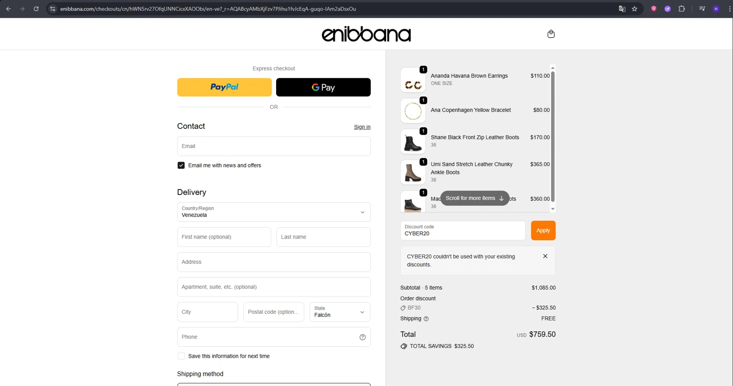 Enibbana discount code screenshot showing code CYBER20 applied at Enibbana checkout page. Uploaded by SimplyCodes community member RebateVirtuoso9954 on Nov 29, 2025