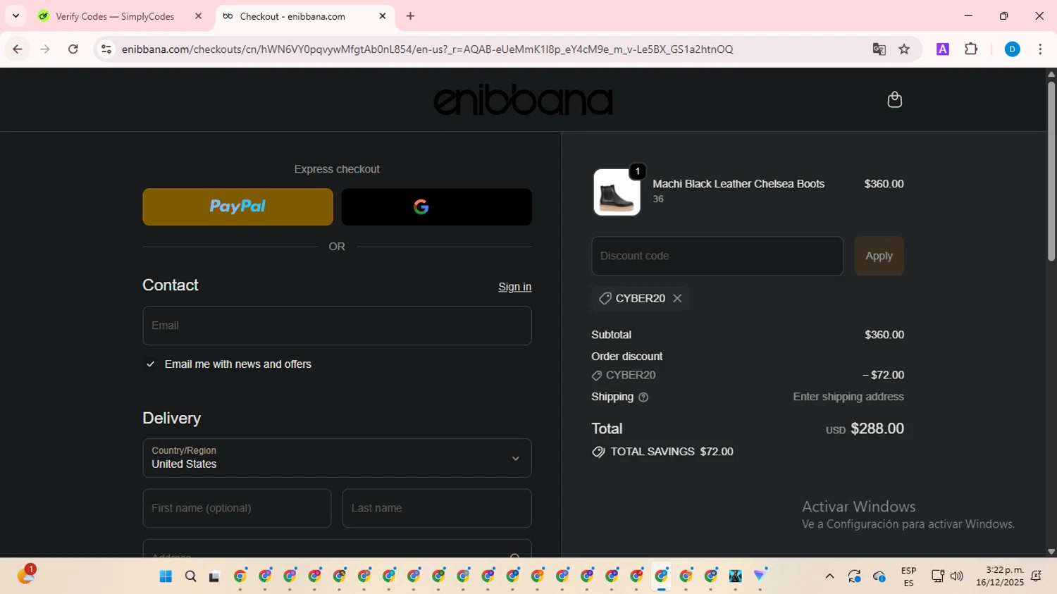 Enibbana discount code screenshot showing code CYBER20 applied at Enibbana checkout page. Uploaded by SimplyCodes community member saltediosteve on Dec 16, 2025