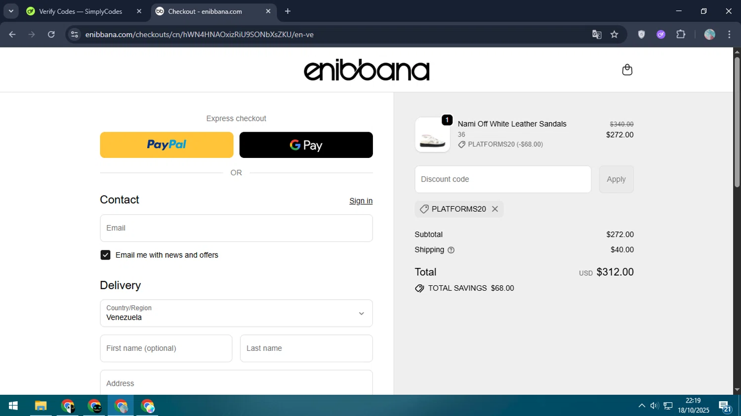 Enibbana discount code screenshot showing code PLATFORMS20 applied at Enibbana checkout page. Uploaded by SimplyCodes community member LegendaryPro7106 on Oct 19, 2025