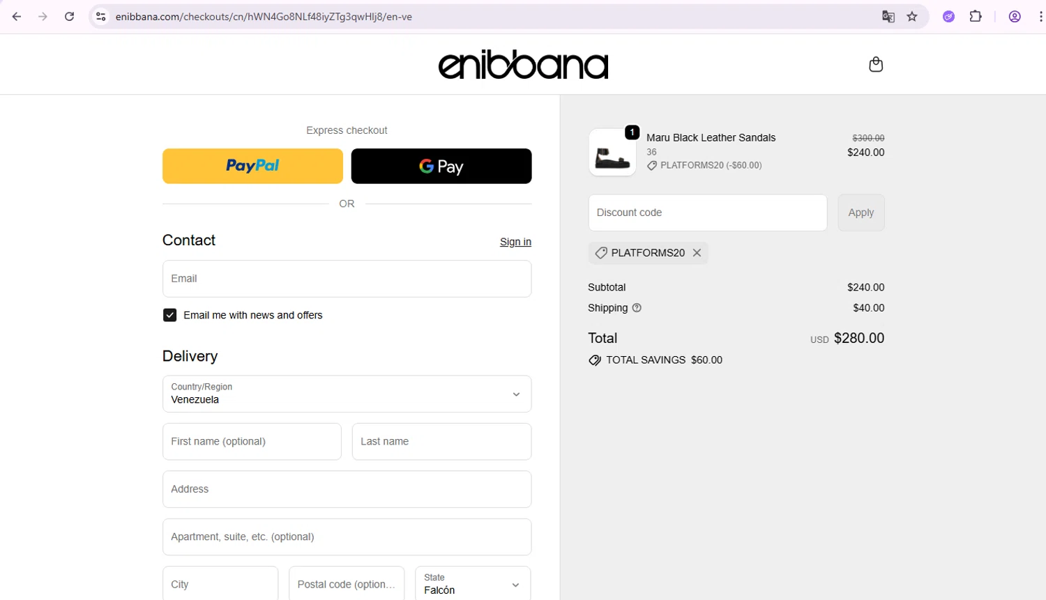 Enibbana discount code screenshot showing code PLATFORMS20 applied at Enibbana checkout page. Uploaded by SimplyCodes community member SmartDefender5487 on Oct 18, 2025