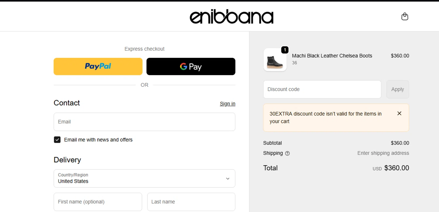 Enibbana checkout page showing Enibbana discount code box | Screenshot taken by SimplyCodes community member on Feb 13, 2026