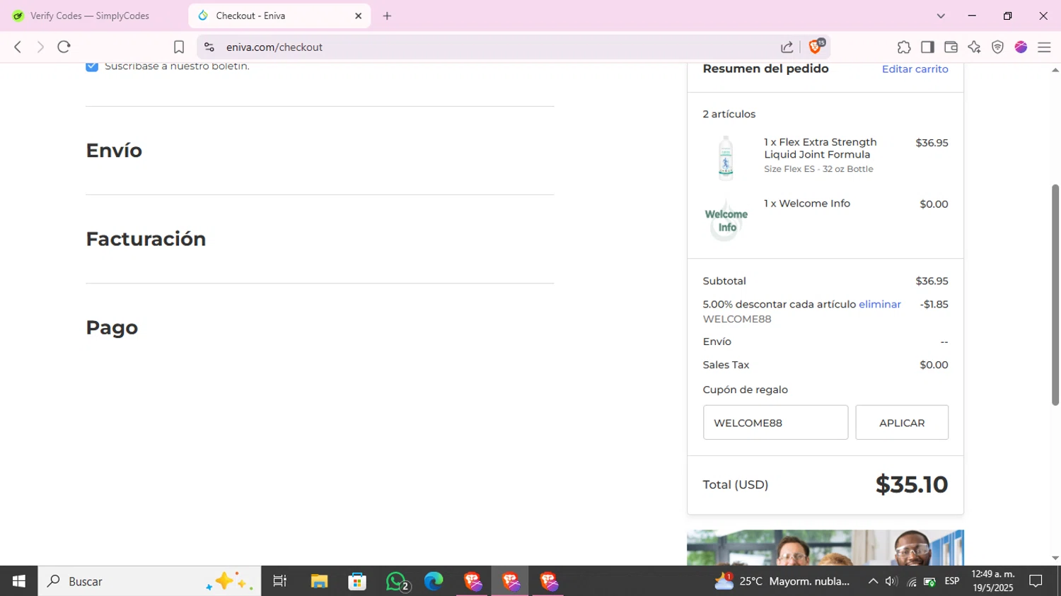Eniva coupon code screenshot showing code WELCOME88 applied at Eniva checkout page. Uploaded by SimplyCodes community member KimChrista_ on May 19, 2025