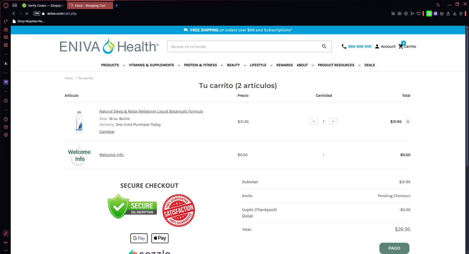 Eniva coupon code screenshot showing code THANKYOU5 applied at Eniva checkout page. Uploaded by SimplyCodes community member ALCUPONE on Apr 12, 2025