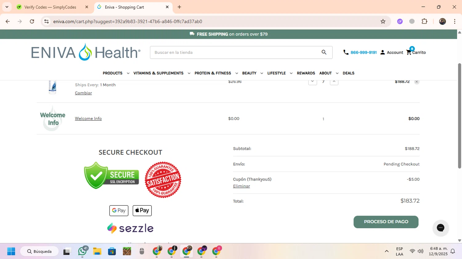 Eniva coupon code screenshot showing code THANKYOU5 applied at Eniva checkout page. Uploaded by SimplyCodes community member CoinScout855 on Sep 12, 2025
