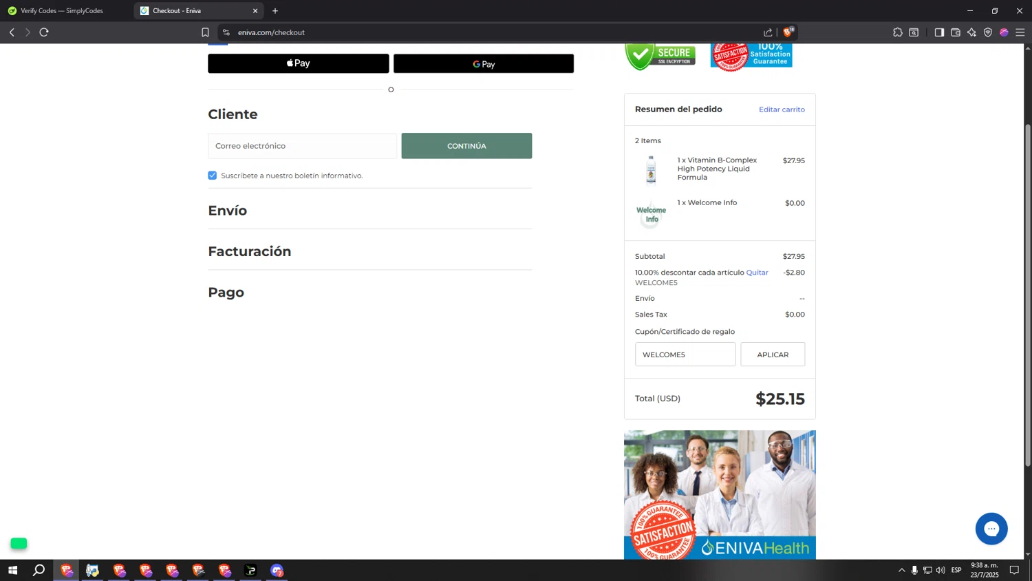 Eniva coupon code screenshot showing code WELCOME5 applied at Eniva checkout page. Uploaded by SimplyCodes community member kkkkkkkkkkkkkkkkkkkk on Jul 23, 2025