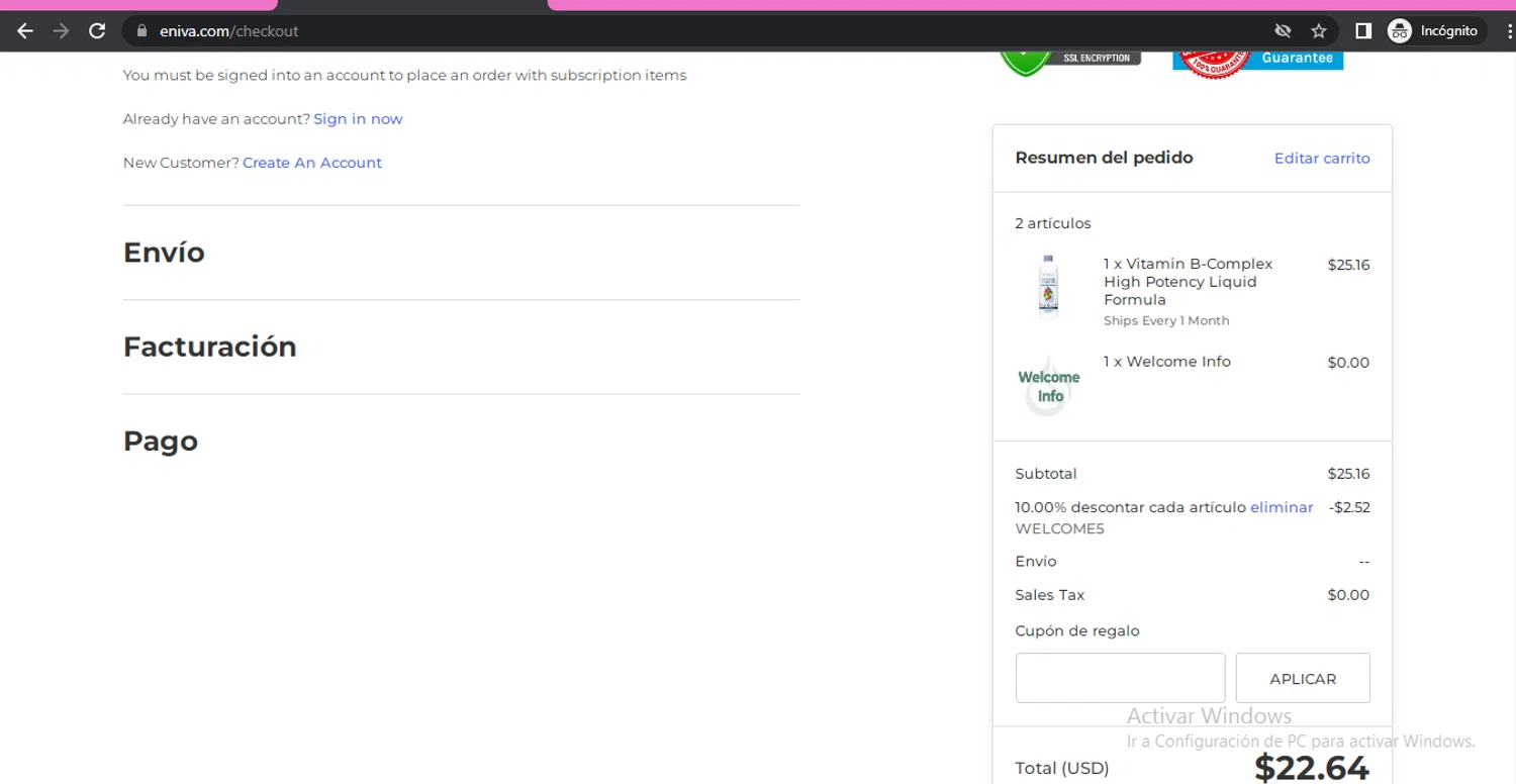 Eniva coupon code screenshot showing code WELCOME5 applied at Eniva checkout page. Uploaded by SimplyCodes community member beatrizcastillo on May 26, 2025