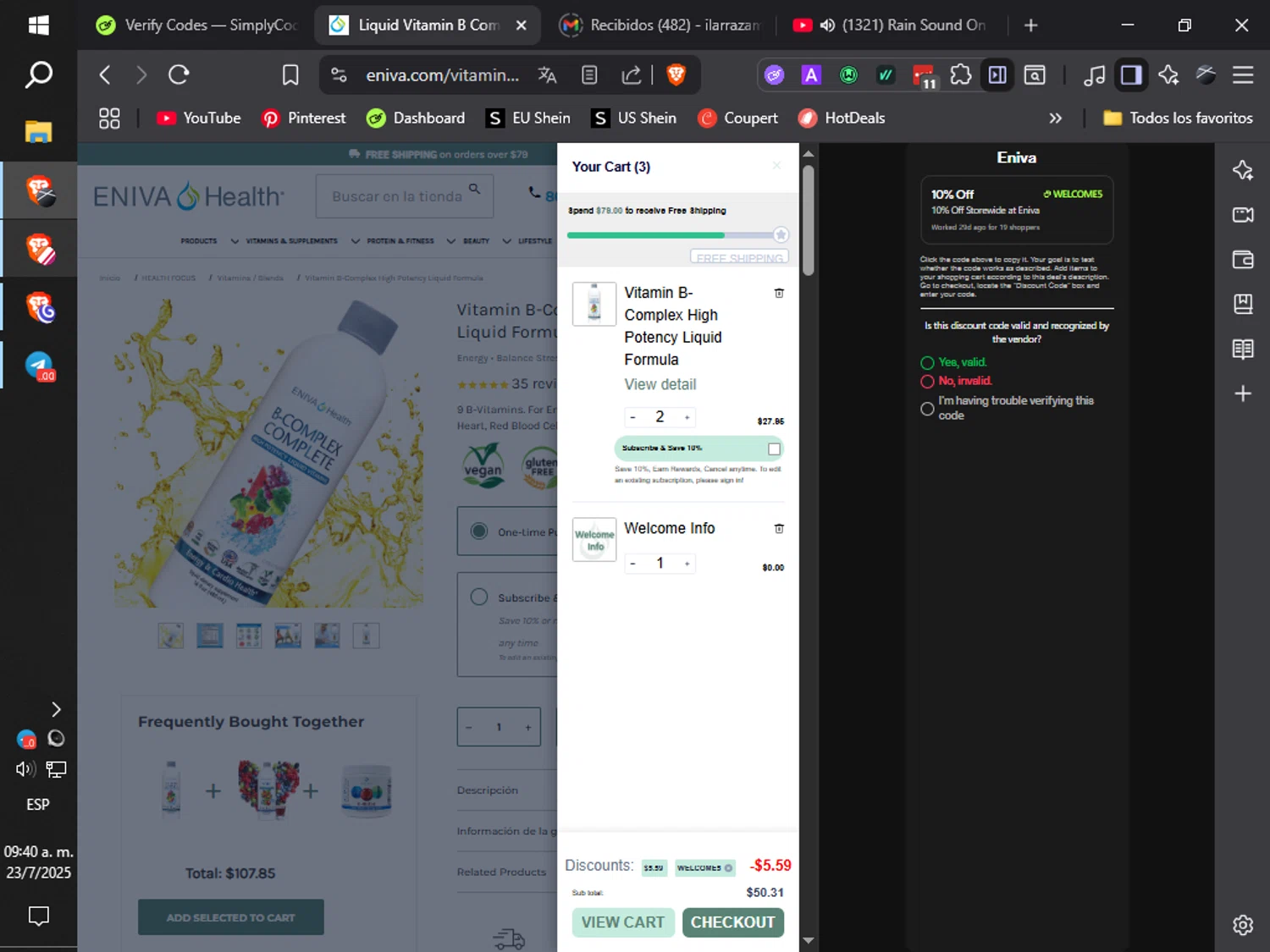 Eniva coupon code screenshot showing code WELCOME5 applied at Eniva checkout page. Uploaded by SimplyCodes community member ilarrazaM1 on Jul 23, 2025