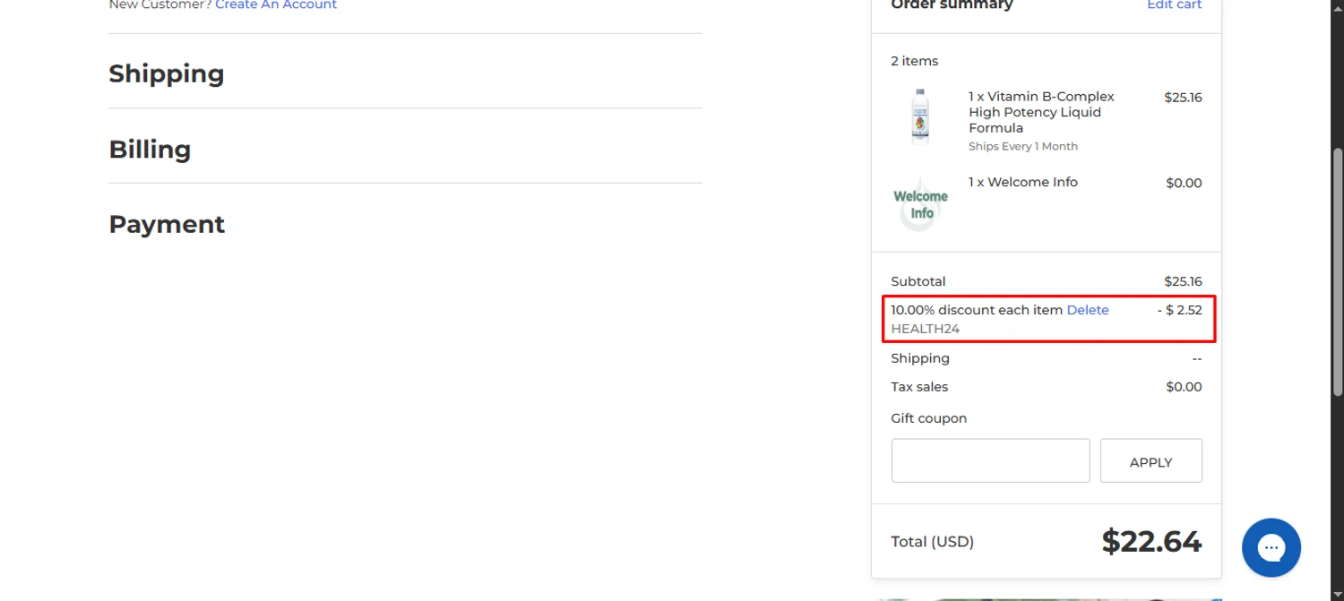 Eniva coupon code screenshot showing code HEALTH24 applied at Eniva checkout page. Uploaded by SimplyCodes community member noworries on Jun 23, 2025