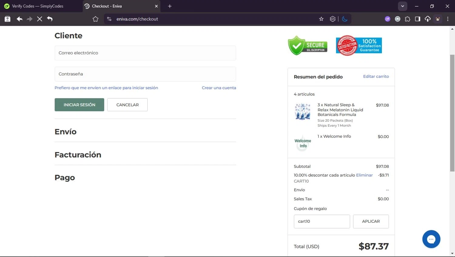 Eniva coupon code screenshot showing code cart10 applied at Eniva checkout page. Uploaded by SimplyCodes community member Userr2 on Jul 23, 2025