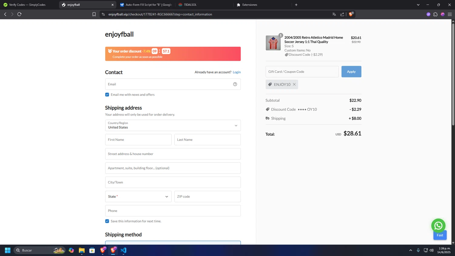 enjoyfball promo code screenshot showing code ENJOY10 applied at enjoyfball checkout page. Uploaded by SimplyCodes community member CashSage1885 on Jun 14, 2025