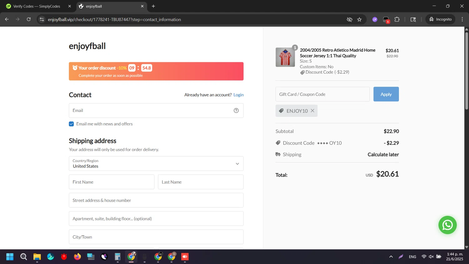 enjoyfball promo code screenshot showing code ENJOY10 applied at enjoyfball checkout page. Uploaded by SimplyCodes community member QueTeImporta on Jun 21, 2025