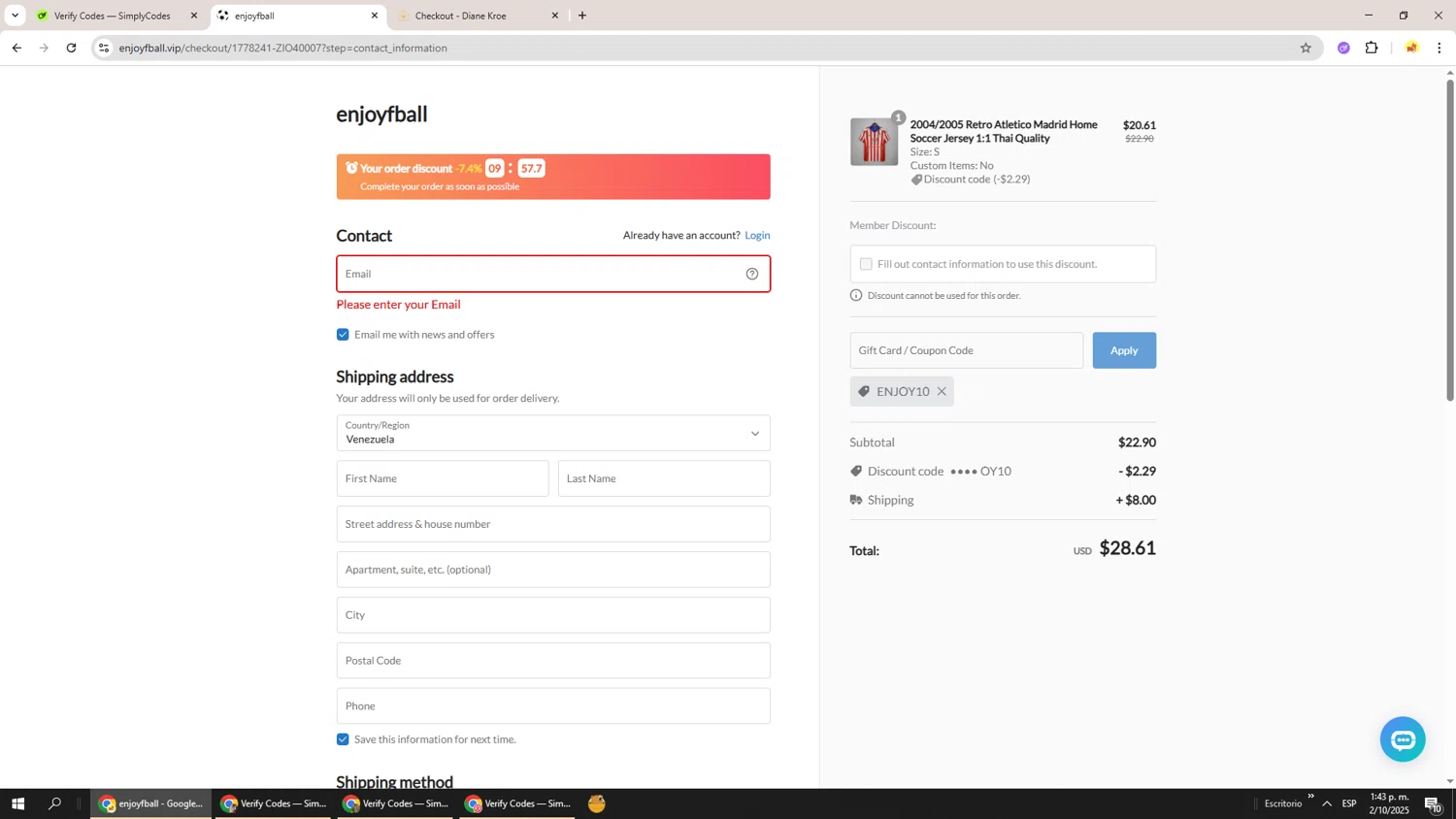 enjoyfball promo code screenshot showing code ENJOY10 applied at enjoyfball checkout page. Uploaded by SimplyCodes community member Richard251 on Oct 2, 2025