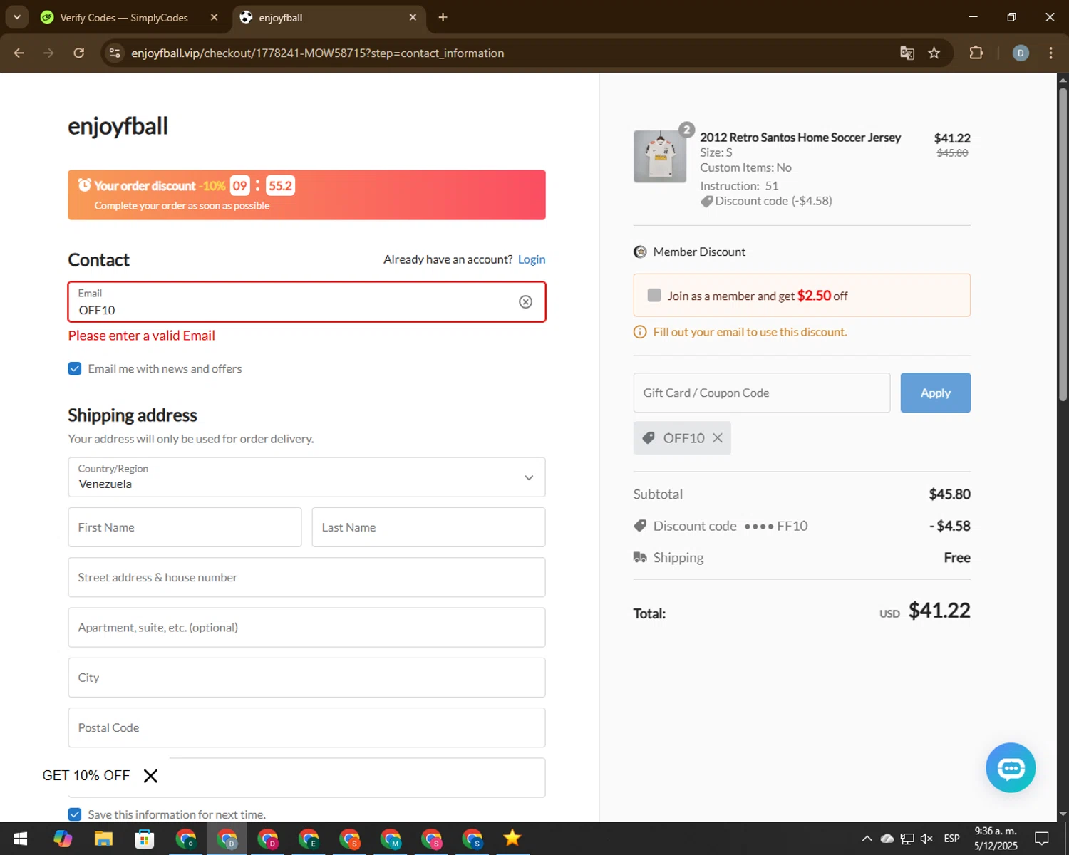 enjoyfball promo code screenshot showing code OFF10 applied at enjoyfball checkout page. Uploaded by SimplyCodes community member CodeVoyager5621 on Dec 5, 2025