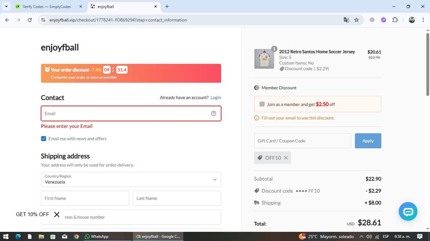 enjoyfball promo code screenshot showing code OFF10 applied at enjoyfball checkout page. Uploaded by SimplyCodes community member EpicTracker8800 on Nov 6, 2025