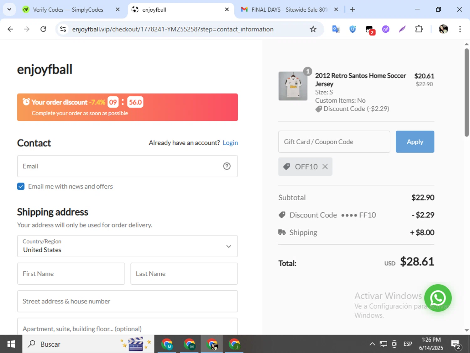 enjoyfball promo code screenshot showing code OFF10 applied at enjoyfball checkout page. Uploaded by SimplyCodes community member mariapolancog on Jun 14, 2025