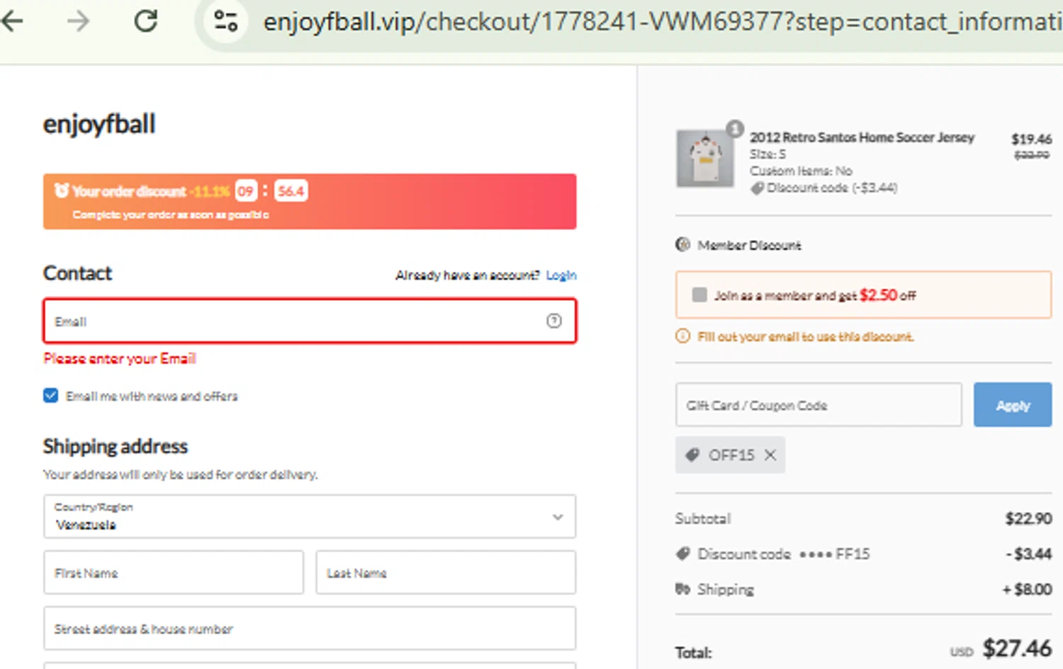 enjoyfball promo code screenshot showing code OFF15 applied at enjoyfball checkout page. Uploaded by SimplyCodes community member CashMaestro9337 on Nov 30, 2025