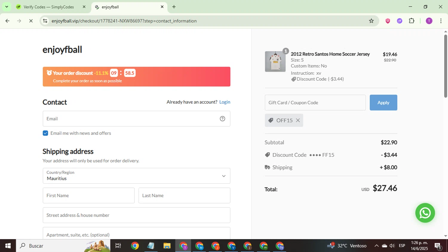enjoyfball promo code screenshot showing code OFF15 applied at enjoyfball checkout page. Uploaded by SimplyCodes community member ThriftyCurator4085 on Jun 14, 2025