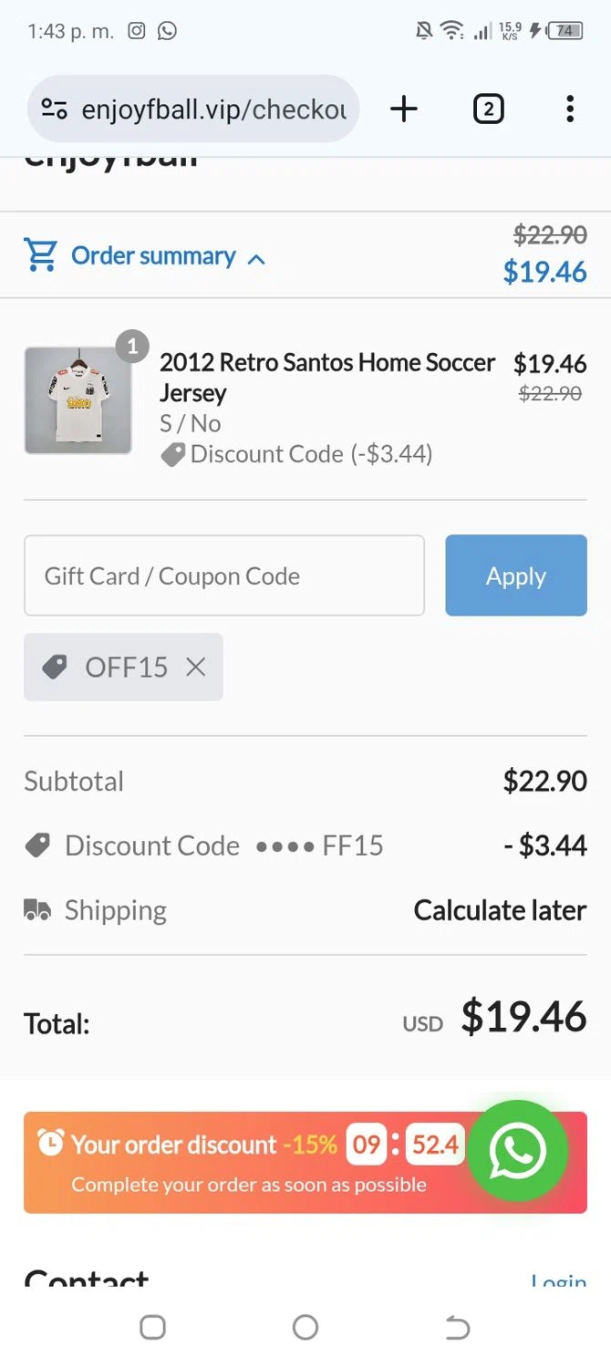 enjoyfball promo code screenshot showing code OFF15 applied at enjoyfball checkout page. Uploaded by SimplyCodes community member yeresojperez on Jun 21, 2025