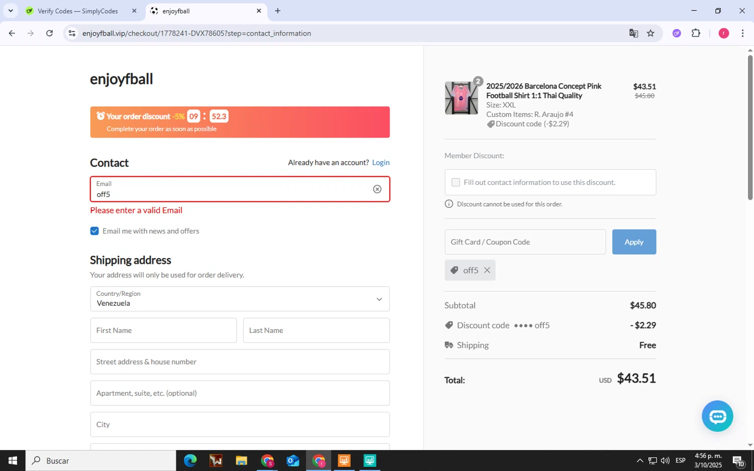 enjoyfball promo code screenshot showing code off5 applied at enjoyfball checkout page. Uploaded by SimplyCodes community member LegendaryWhiz3517 on Oct 3, 2025