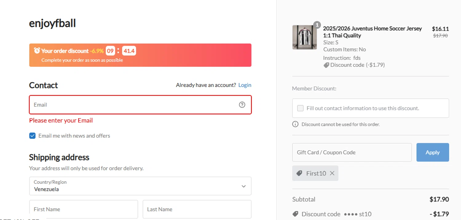 enjoyfball promo code screenshot showing code First10 applied at enjoyfball checkout page. Uploaded by SimplyCodes community member ashe1986 on Oct 22, 2025