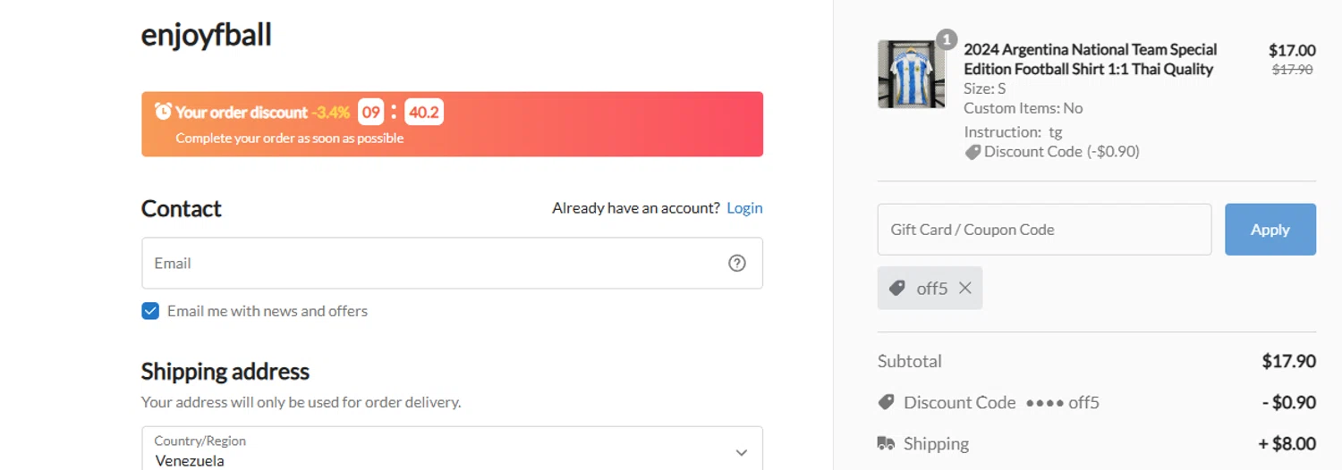 enjoyfball promo code screenshot showing code off5 applied at enjoyfball checkout page. Uploaded by SimplyCodes community member ashe1986 on Jul 18, 2025