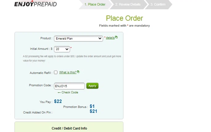 where to use Enjoy Prepaid promo code box