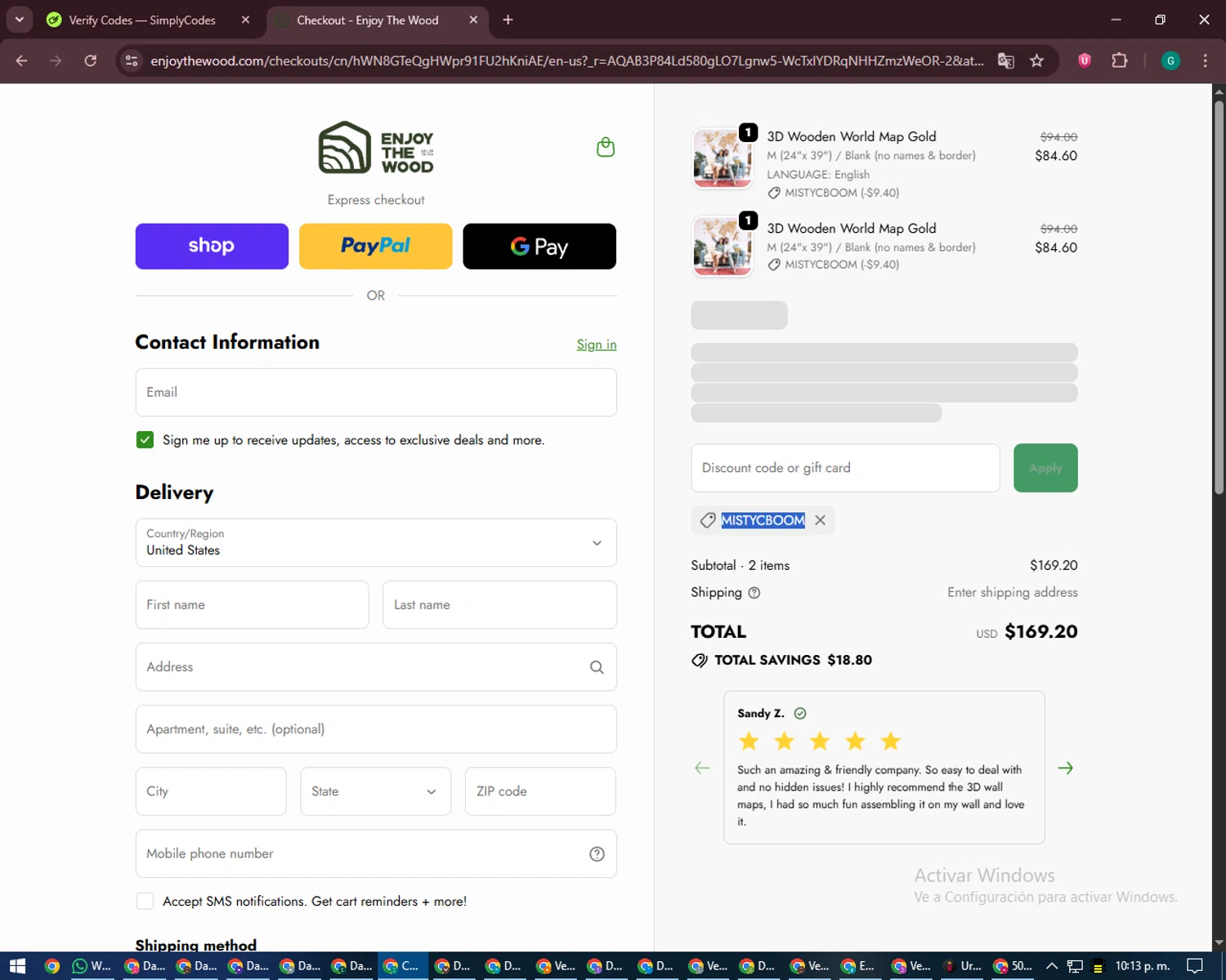 EnjoyTheWood promo code screenshot showing code MISTYCBOOM applied at EnjoyTheWood checkout page. Uploaded by SimplyCodes community member PennyFinder5759 on Feb 1, 2026