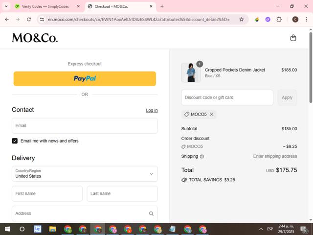 MO&Co checkout page showing MO&Co discount code box | Screenshot taken by SimplyCodes community member on Jul 29, 2025