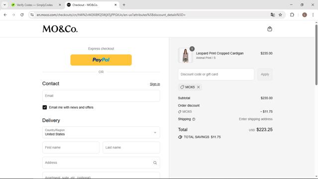 MO&Co checkout page showing MO&Co discount code box | Screenshot taken by SimplyCodes community member on Sep 13, 2025