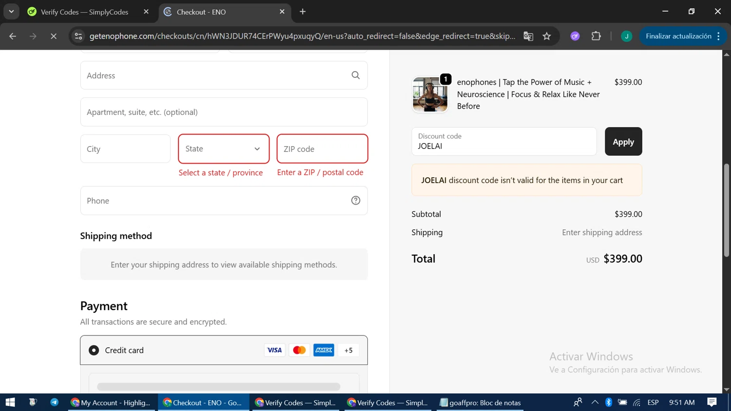 Enophones promo code screenshot showing code JOELAI applied at Enophones checkout page. Uploaded by SimplyCodes community member LuckyPioneer1051 on Sep 23, 2025