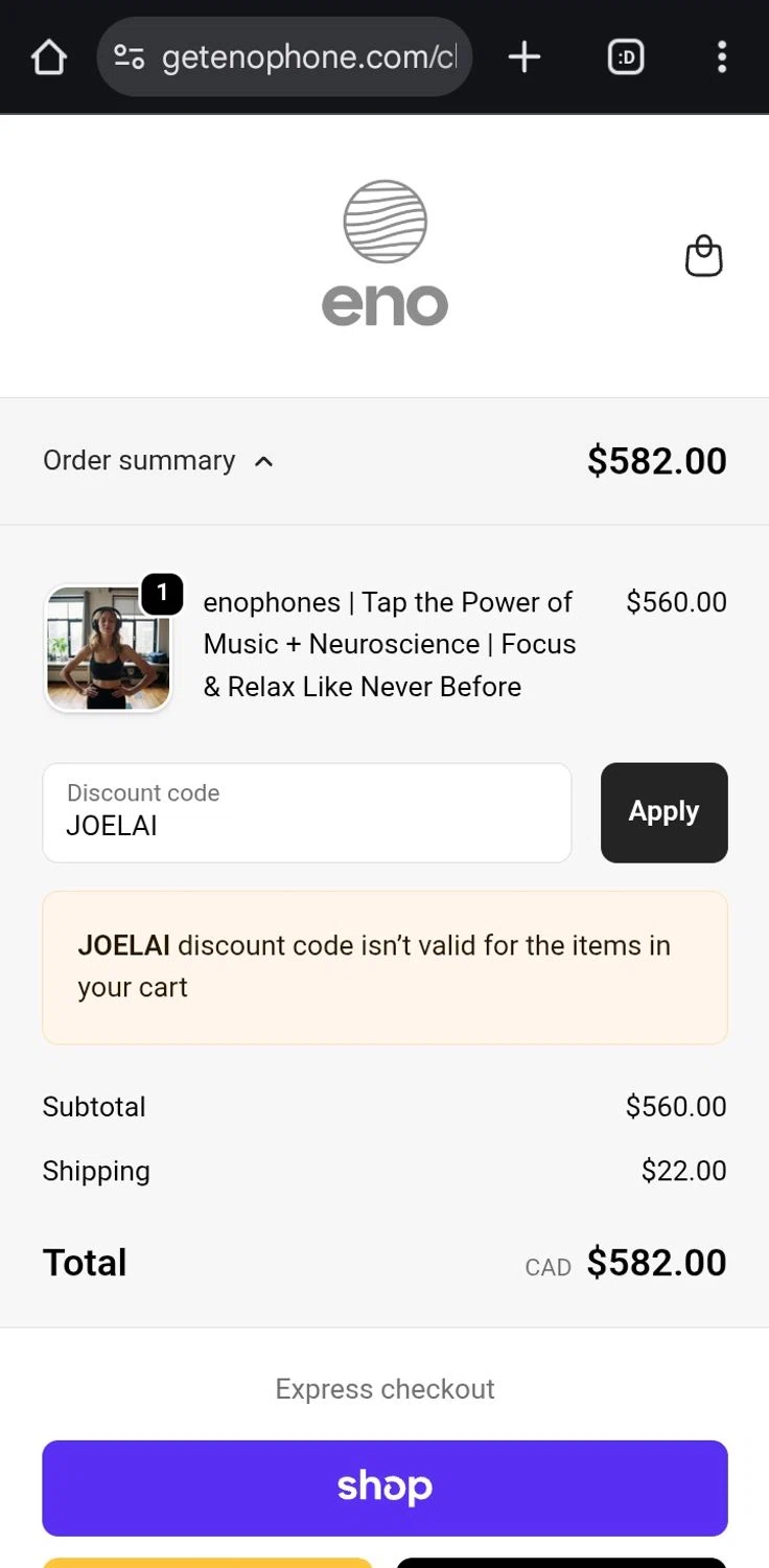 Enophones promo code screenshot showing code JOELAI applied at Enophones checkout page. Uploaded by SimplyCodes community member ValiantCurator3344 on Sep 23, 2025