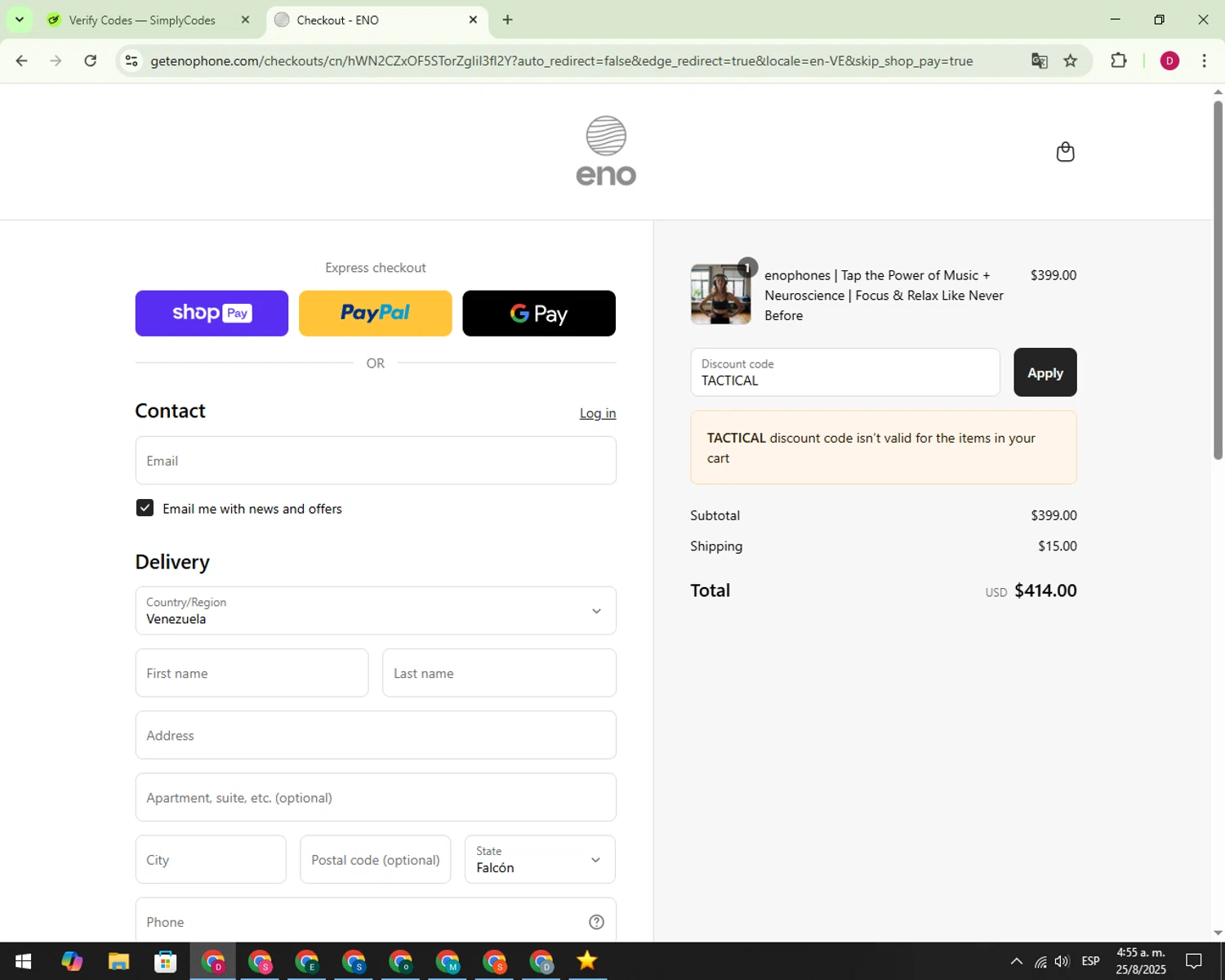 Enophones promo code screenshot showing code TACTICAL applied at Enophones checkout page. Uploaded by SimplyCodes community member 000012 on Aug 25, 2025