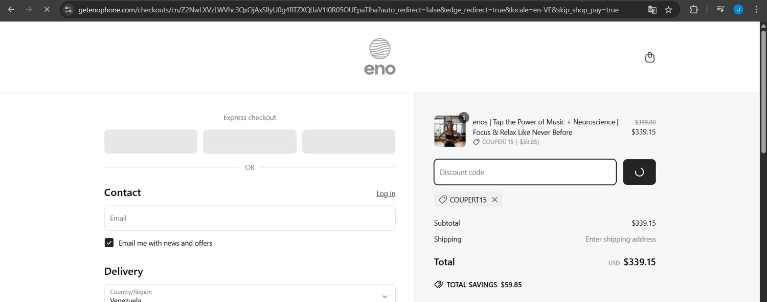 Enophones promo code screenshot showing code Coupert15 applied at Enophones checkout page. Uploaded by SimplyCodes community member Jeanjc on Apr 5, 2025