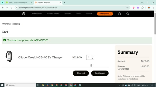 Enphase Energy checkout page showing Enphase Energy promo code box | Screenshot taken by SimplyCodes community member on Jul 30, 2025