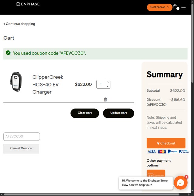 Enphase Energy checkout page showing Enphase Energy promo code box | Screenshot taken by SimplyCodes community member on Jul 24, 2025