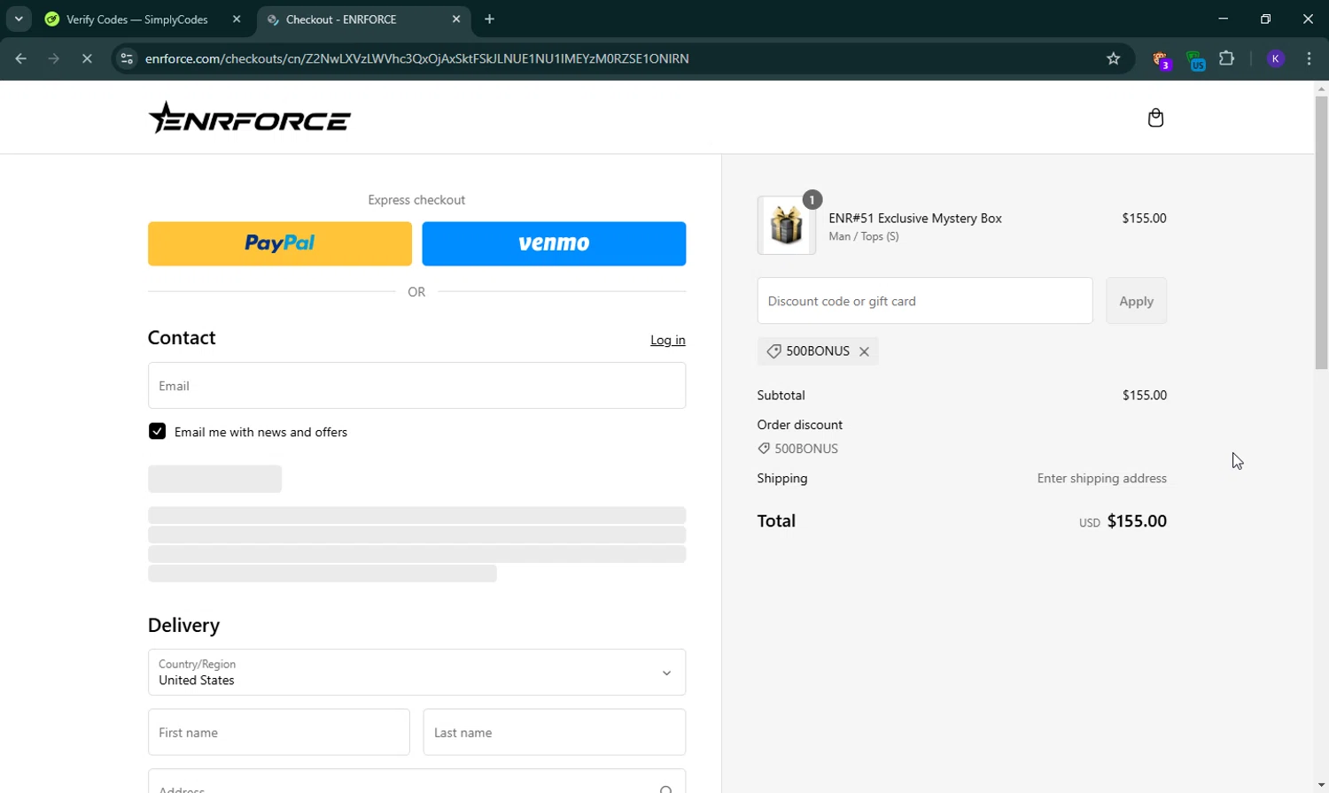 ENRFORCE discount code screenshot showing code 500BONUS applied at ENRFORCE checkout page. Uploaded by SimplyCodes community member BargainMonarch8220 on Feb 6, 2025